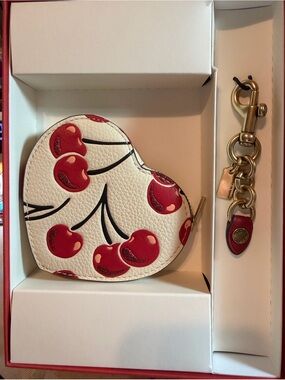 Coach Heart Coin Pouch with Red Cherry Print on White
